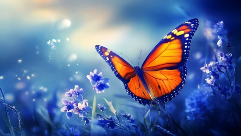 Glowing orange butterfly rests gently among dreamy blue flowers