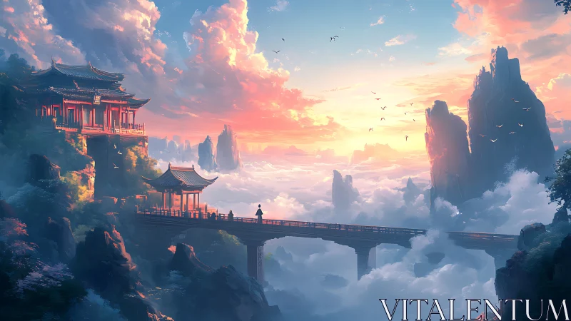 Sunlit mountain temples bridge above volumetric cloud sea