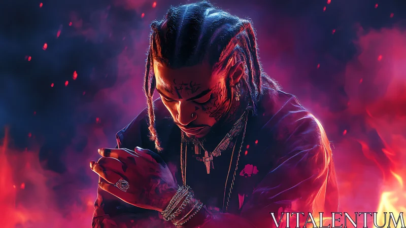 Tattooed rapper in fiery neon smoke environment.