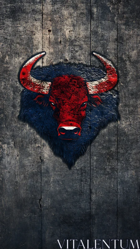 Textured red bull emblem on distressed wooden planks surface.