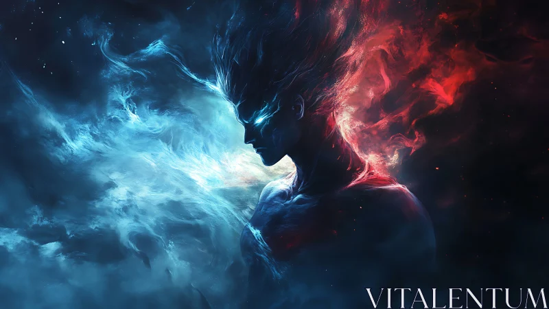 Elemental figure in blue and red cosmic energy field.