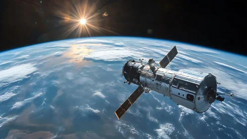 Earth orbit satellite with sun over blue clouded planet.