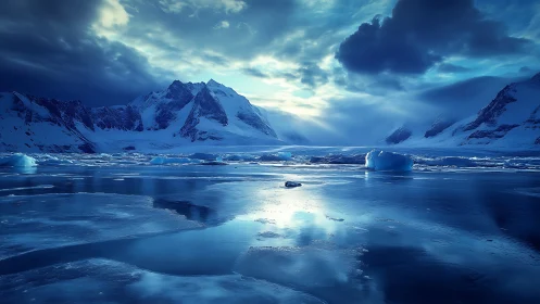 Icy polar bay with blue water and rugged snowy mountains.