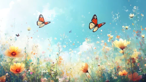 Digital Rendering of Meadow Landscape with Butterflies