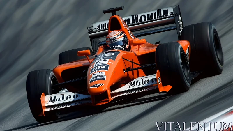 Orange Formula race car leans into corner on blurred circuit.