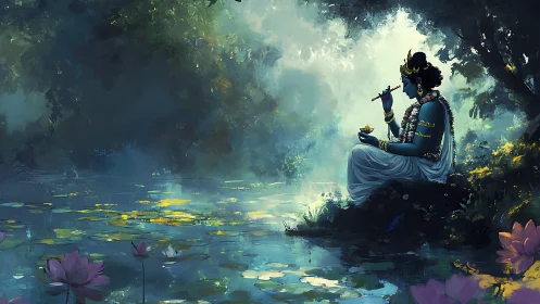 Blue-skinned figure by reflective forest pond at dusk.