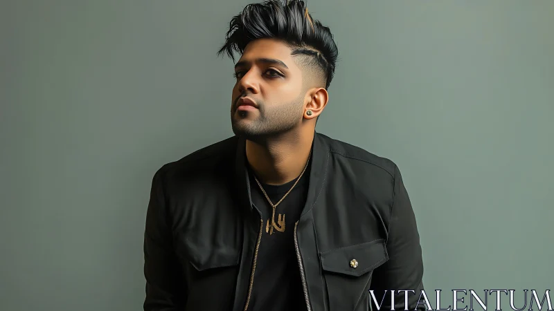 Confident young man leans forward in a sleek black jacket