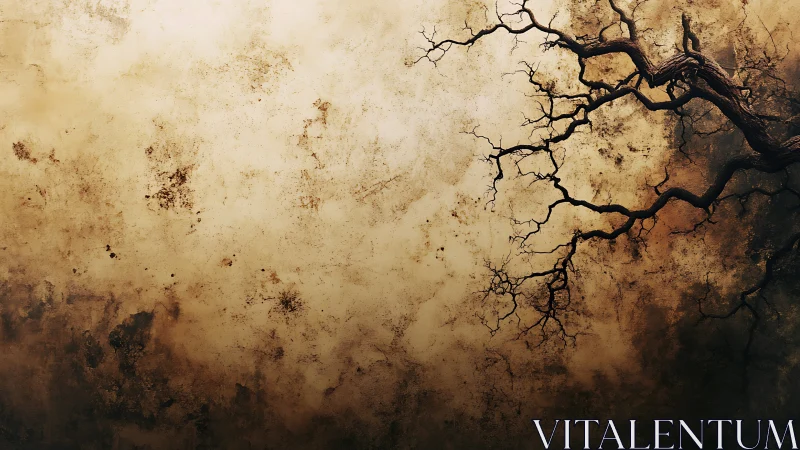 Weathered wall and gnarled tree branch form a stark organic silhouette