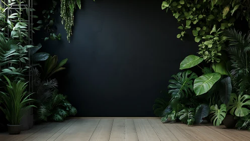 Lush indoor jungle frames a serene dark accent wall backdrop