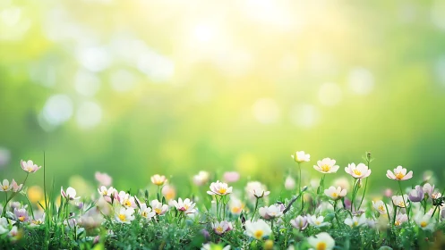Wildflower meadow under dreamy spring sunlight glow.