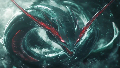 Storm-wreathed cyber sea serpent with blazing red eyes.