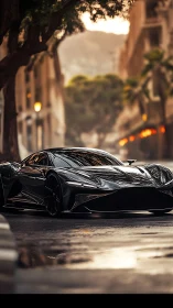 Sleek black supercar glides through a glowing city street
