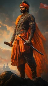 Regal warrior stands tall in flowing orange battle robes