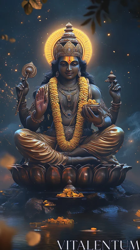 Divine blue deity seated on glowing golden lotus throne.
