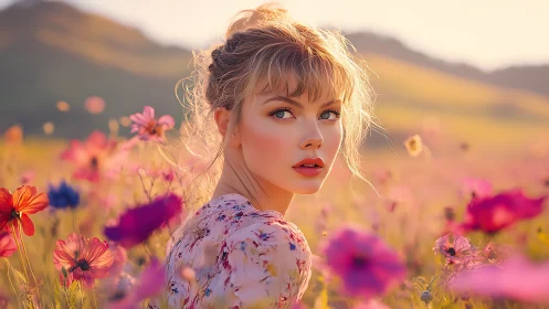 Soft golden evening cradles a young woman in wildflowers