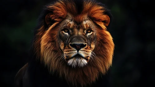 Male lion portrait with detailed mane on dark background.