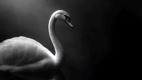 Swan in quiet moonlit glow on a velvety dark lake.
