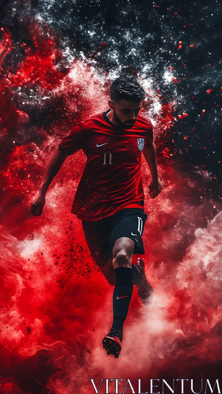 Dynamic soccer forward in red kit amid explosive red smoke