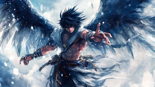 Stormborne winged warrior reaches through shattered sky.