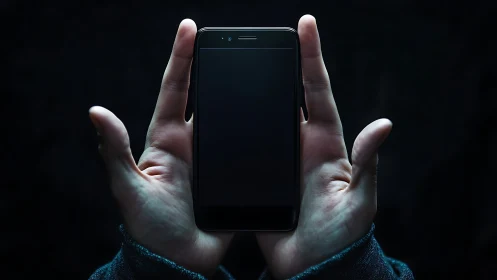 Smartphone held upright in cupped hands against dark background.
