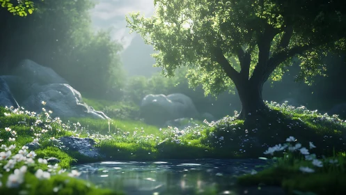 Sunlit woodland tree over tranquil reflective forest pool.