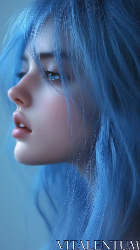Side profile portrait of blue haired digital woman.