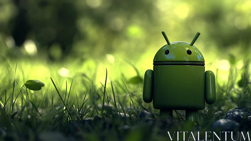 3D android mascot in shallow-focus woodland micro-landscape.