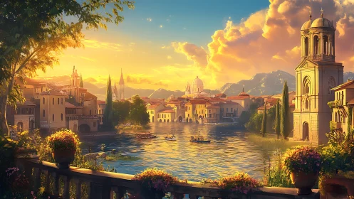 Sunlit lakefront village glows beneath storybook clouds