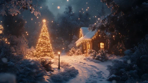 Snow-covered forest cottage is illuminated by seasonal lights