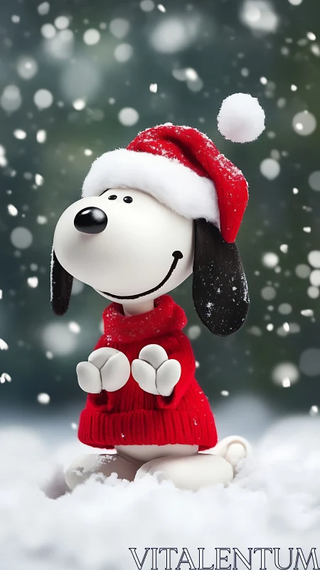 Festive cartoon beagle in snow wearing bright red sweater.