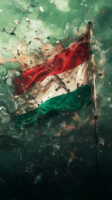 Tricolor flag under turbulent water with refracted light scattering