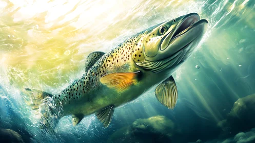 Dynamic trout rendered in high-detail underwater digital painting