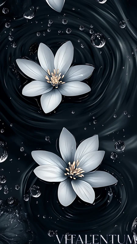 White Floral Composition with Dynamic Fluid Dynamics in Dark Aqueous Medium