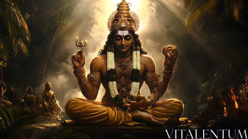 Divine four-armed deity meditating in rainforest chiaroscuro light