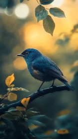 Blue songbird on branch against blurred warm background.