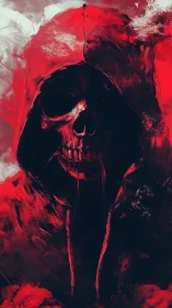 Digital painting of a hooded red skull wreathed in abstract smoke.