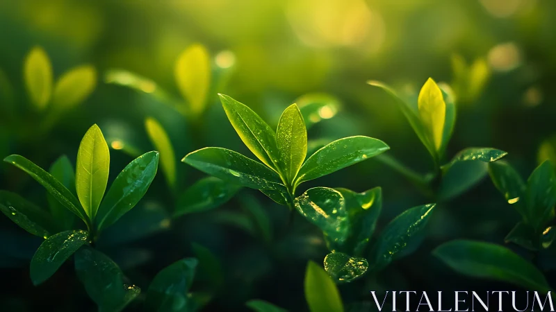 Morning backlit tea leaves with dewy green foliage glow.