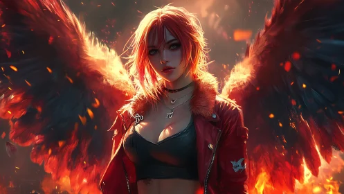 Flamewing rebel angel strides through a storm of embers.