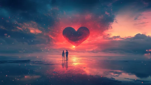 Cosmic Heart Over Luminescent Waters: Digital Fantasy Sunset.