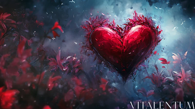 Luminescent crimson heart surrounded by ethereal floral particles in atmospheric composition.