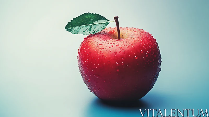 Bright dewy red apple resting on a soft blue backdrop.