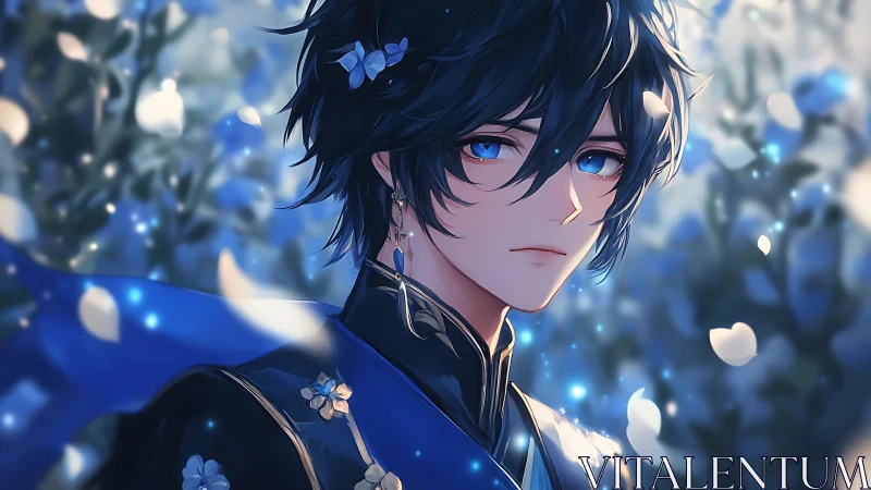 Melancholic blue eyed anime boy stands in drifting petals