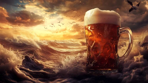 Sunset surf collides with a stormy sea of frothy beer.