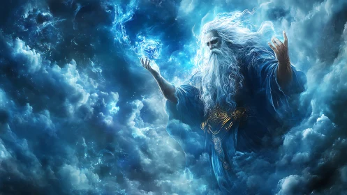 Storm-forging sky elder braids lightning through swirling clouds