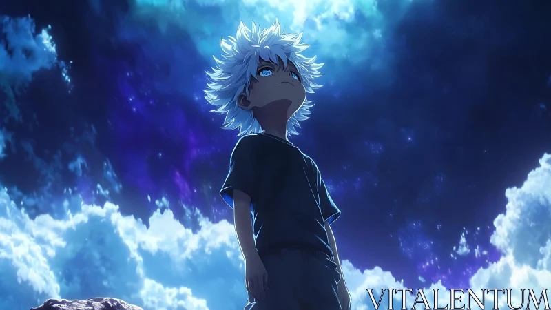 Stargazing stormchild under electric midnight clouds.