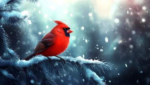 Vibrant red cardinal on snowy pine branch, digital winter art.