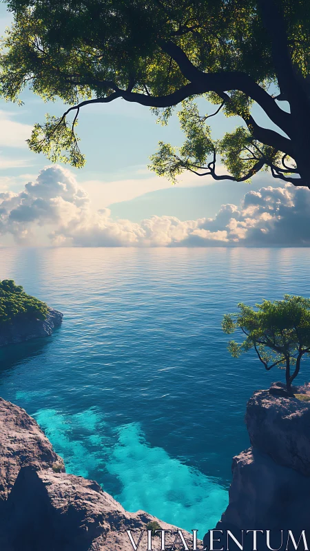 Vertical coastal vista frames luminous cyan shallows below