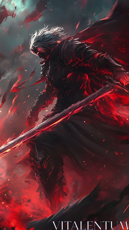 Dark knight commands blazing sword amid crimson storm.
