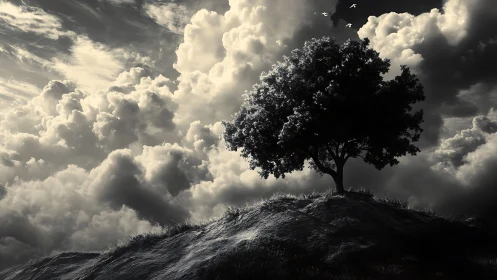 Lone tree on hilltop under dramatic cloudy sky, black and white style.