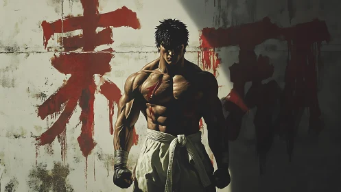 Shadow-drenched warrior breathes fury against scarlet kanji